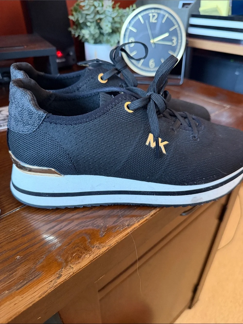 Michael Kors Black Knit Platform Sneakers with Gold Accents